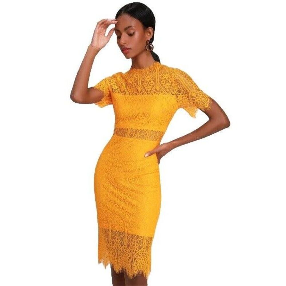 Lulu's Remarkable Bright Orange Lace Short Sleeve Midi Dress Sheer Size‎ M NWT